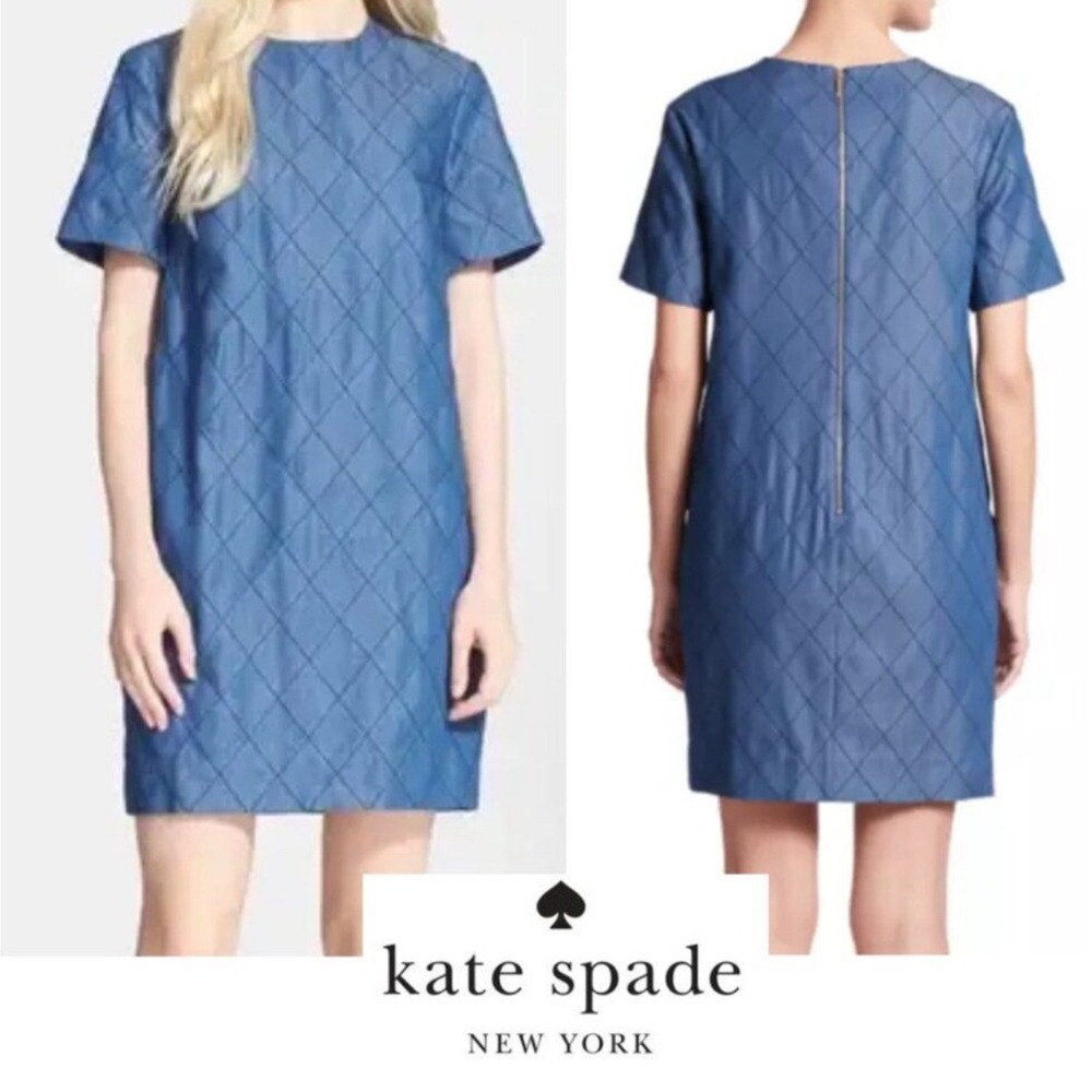 Kate Spade Denim Quilted Shift Dress Blue Gold Zipper Preppy Mod Coastal Size 2 - Picture 1 of 14